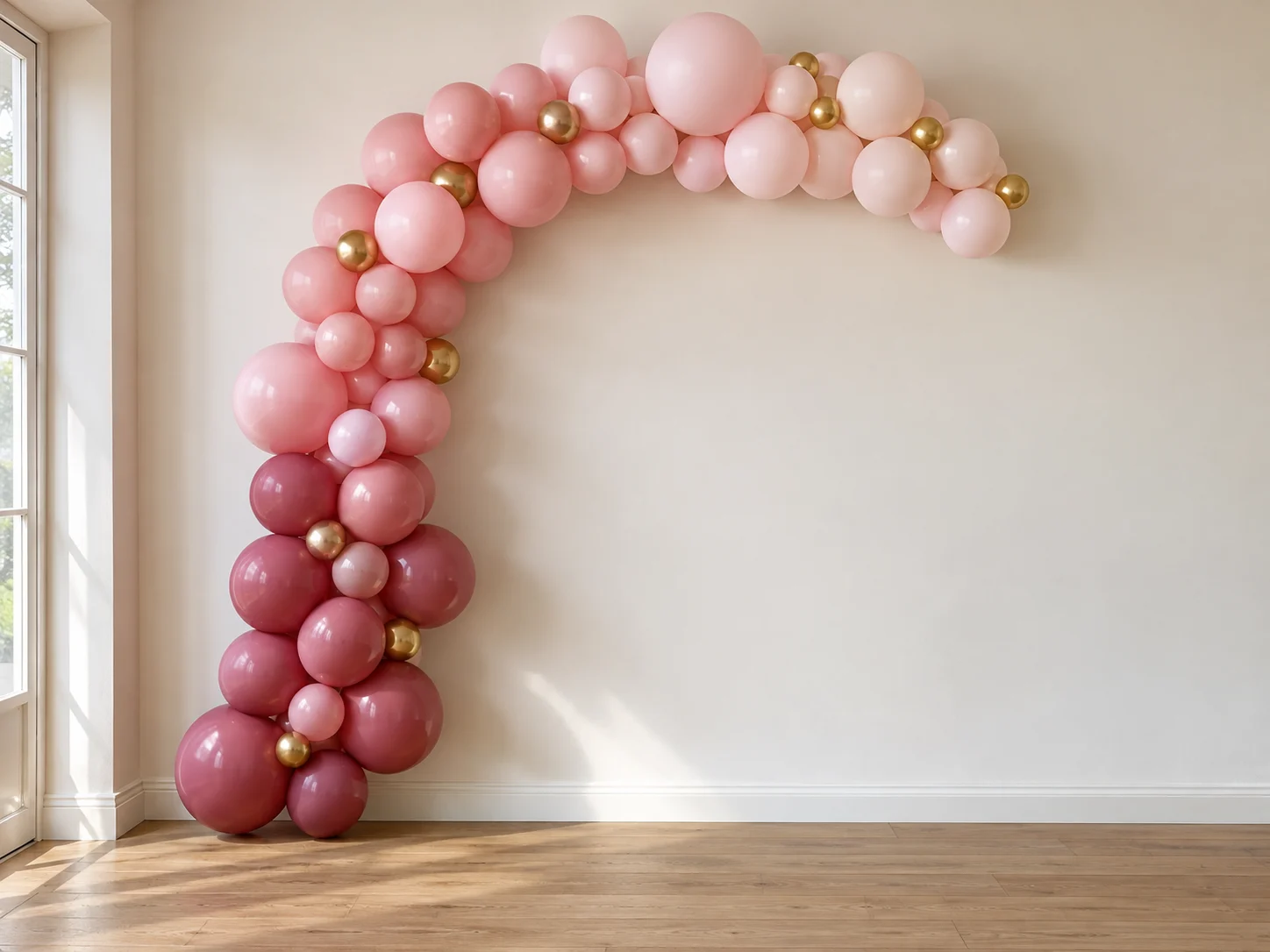 Arche murale asymétrique en dégradé de rose avec de petits accents dorés.
