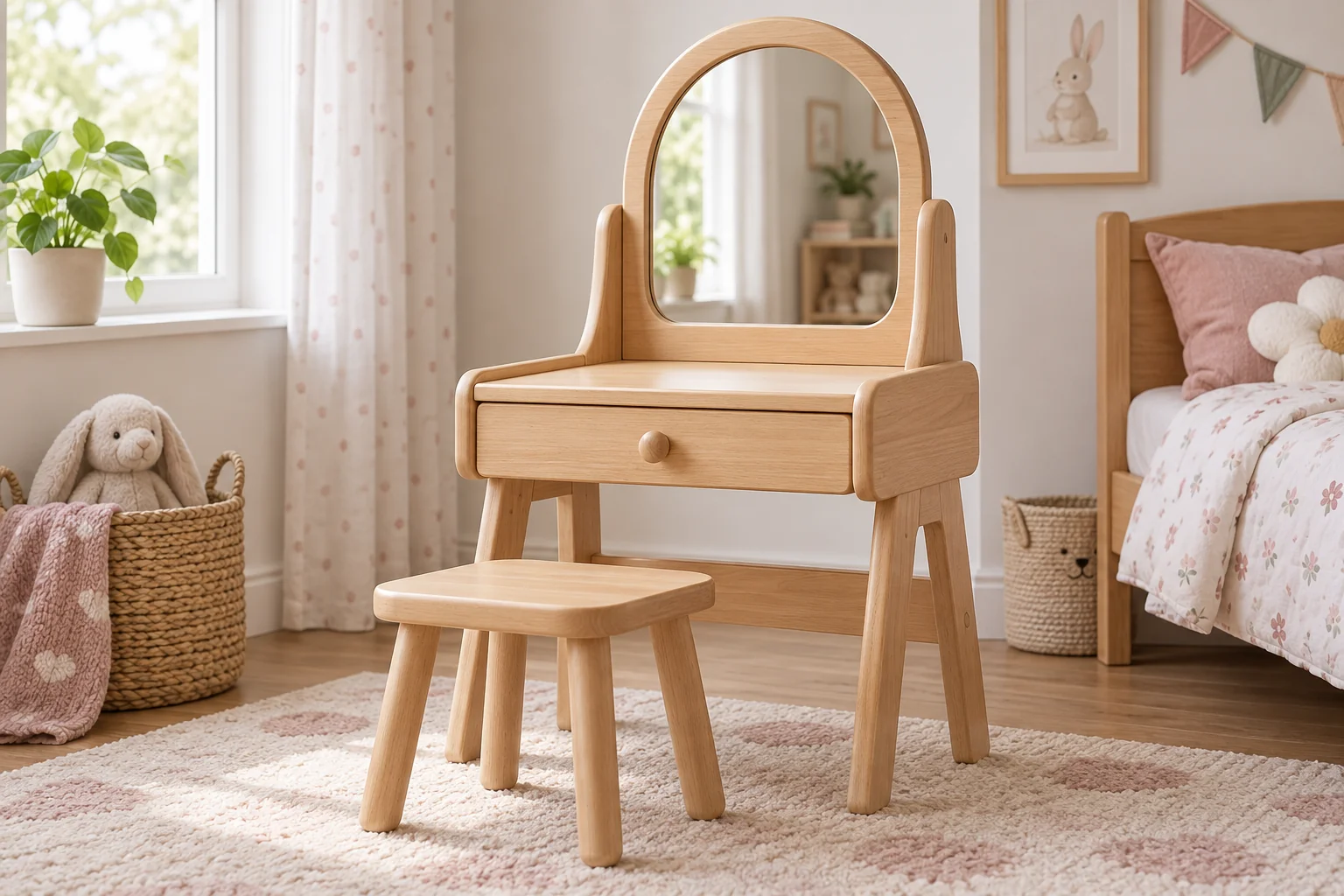 Coiffeuse en bois pour enfant avec miroir arrondi, tiroir fermé et tabouret.