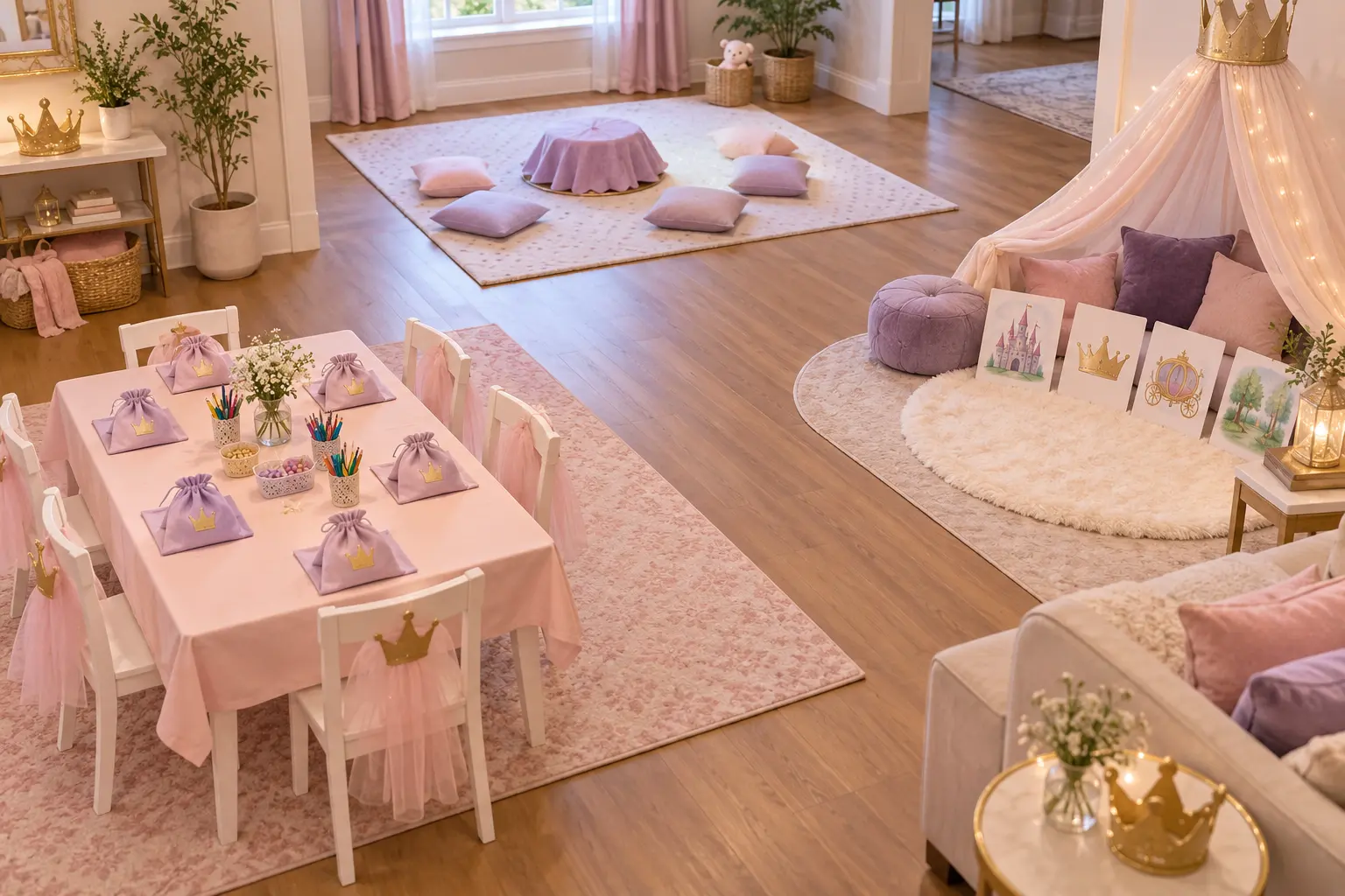 Trois espaces de jeux calmes préparés pour une fête princesse dans un salon