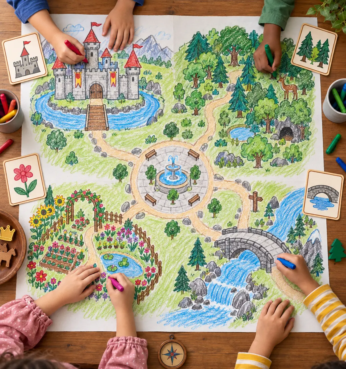Carte collaborative d'un royaume dessinée par plusieurs enfants autour d'une table