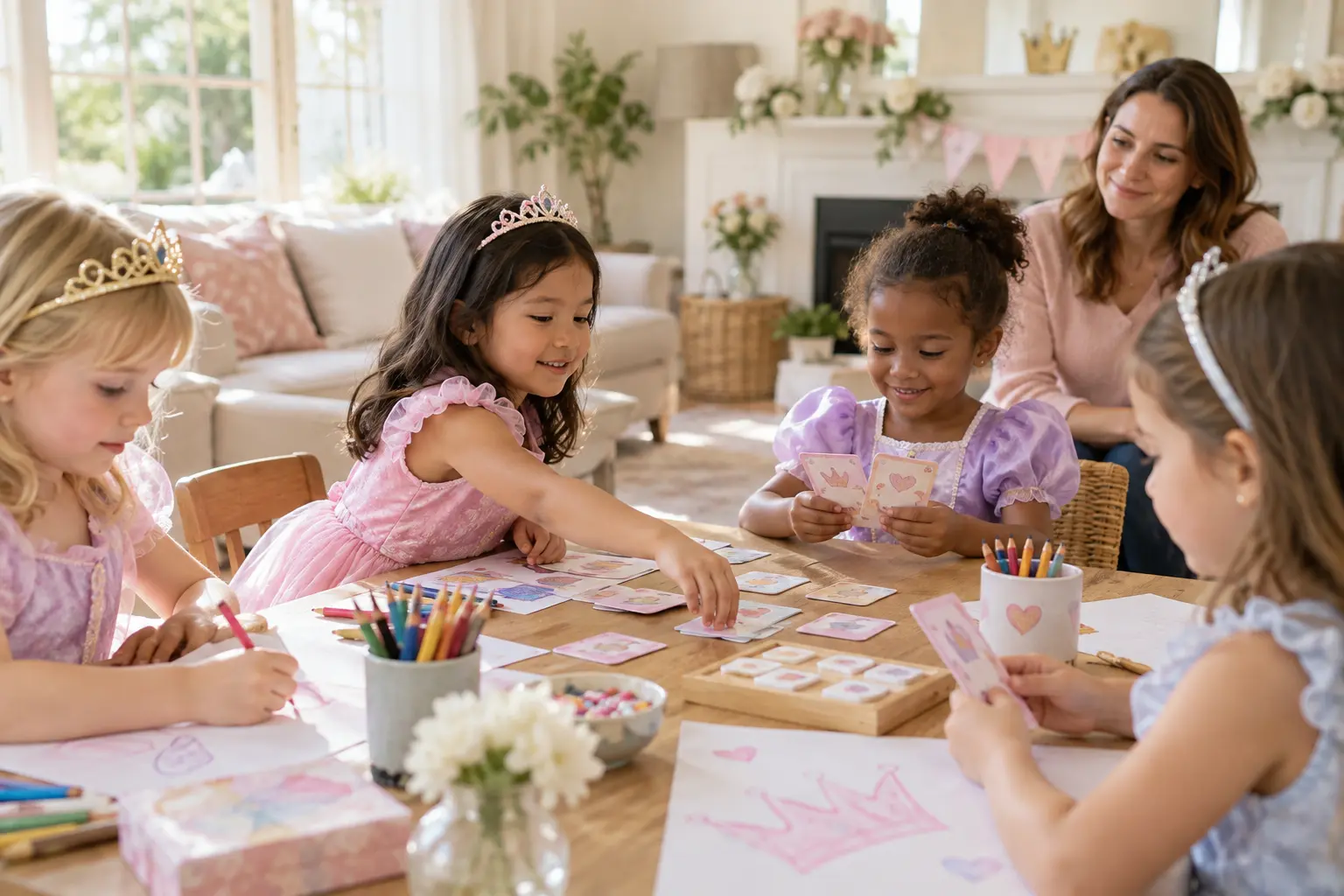 Enfants participant à des jeux calmes pendant une fête princesse