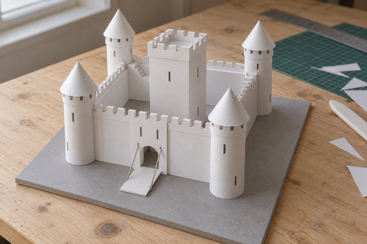 Maquette de château en papier blanc à quatre tours rondes et donjon sur socle