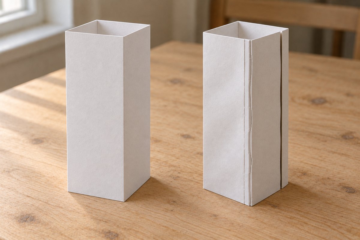 Deux donjons en papier blanc comparant arêtes nettes et plis décalés fendillés