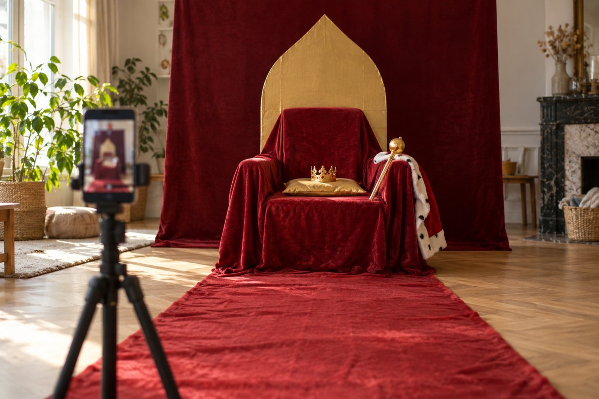 Coin photo de couronnement maison avec trône drapé, tapis rouge et smartphone sur trépied