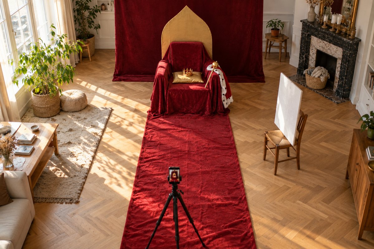 Vue de dessus d'un photobooth maison : fond, trône, fenêtre latérale, réflecteur blanc et trépied