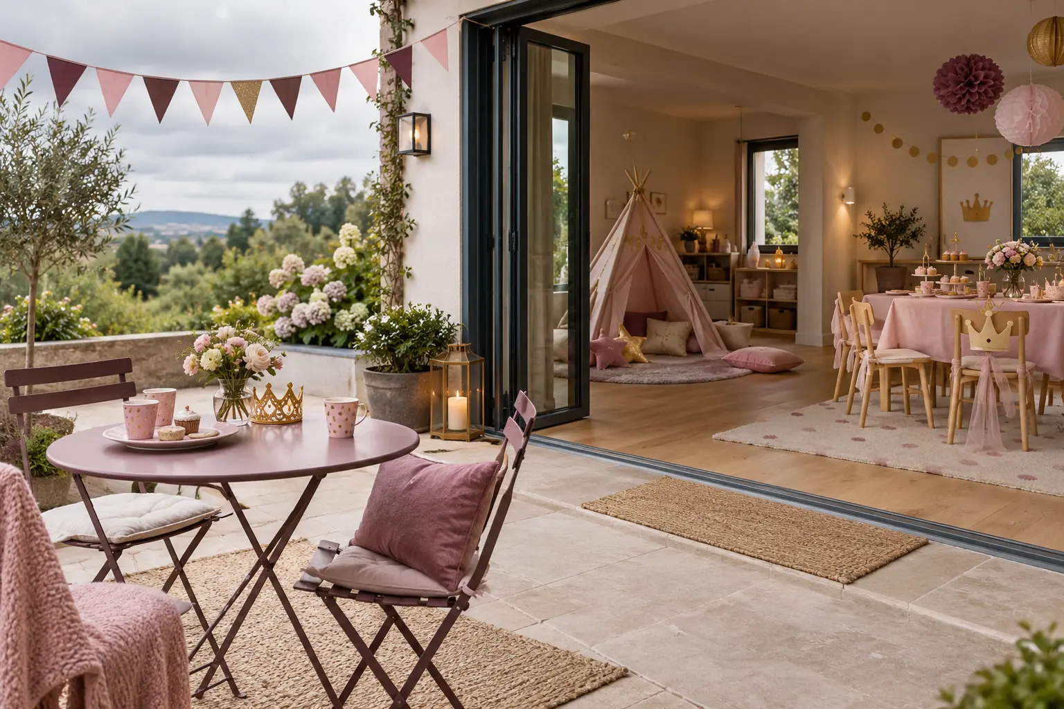 Terrasse décorée pour un anniversaire princesse ouverte sur une pièce intérieure déjà préparée.