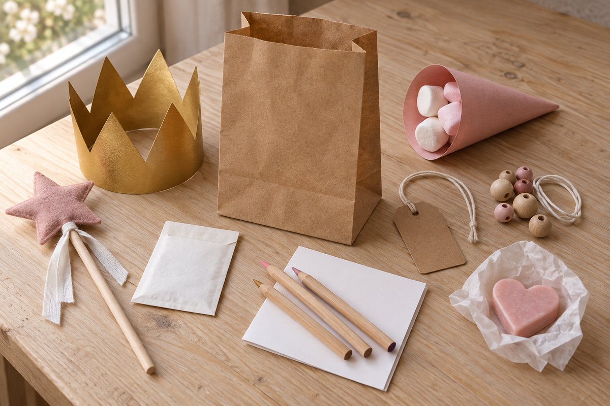 Sachet kraft ouvert entouré d'une couronne carton, baguette bois, graines, crayons et savon