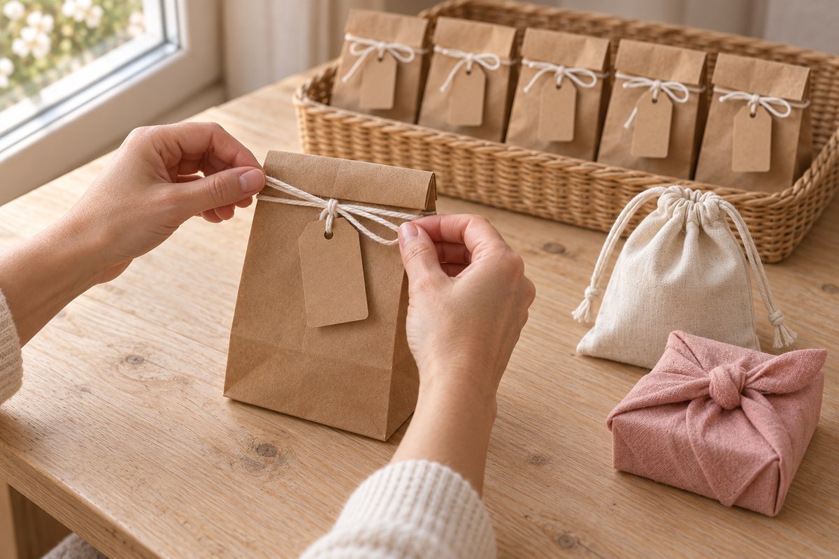 Mains fermant un sachet kraft avec ficelle de coton, pochette coton et furoshiki