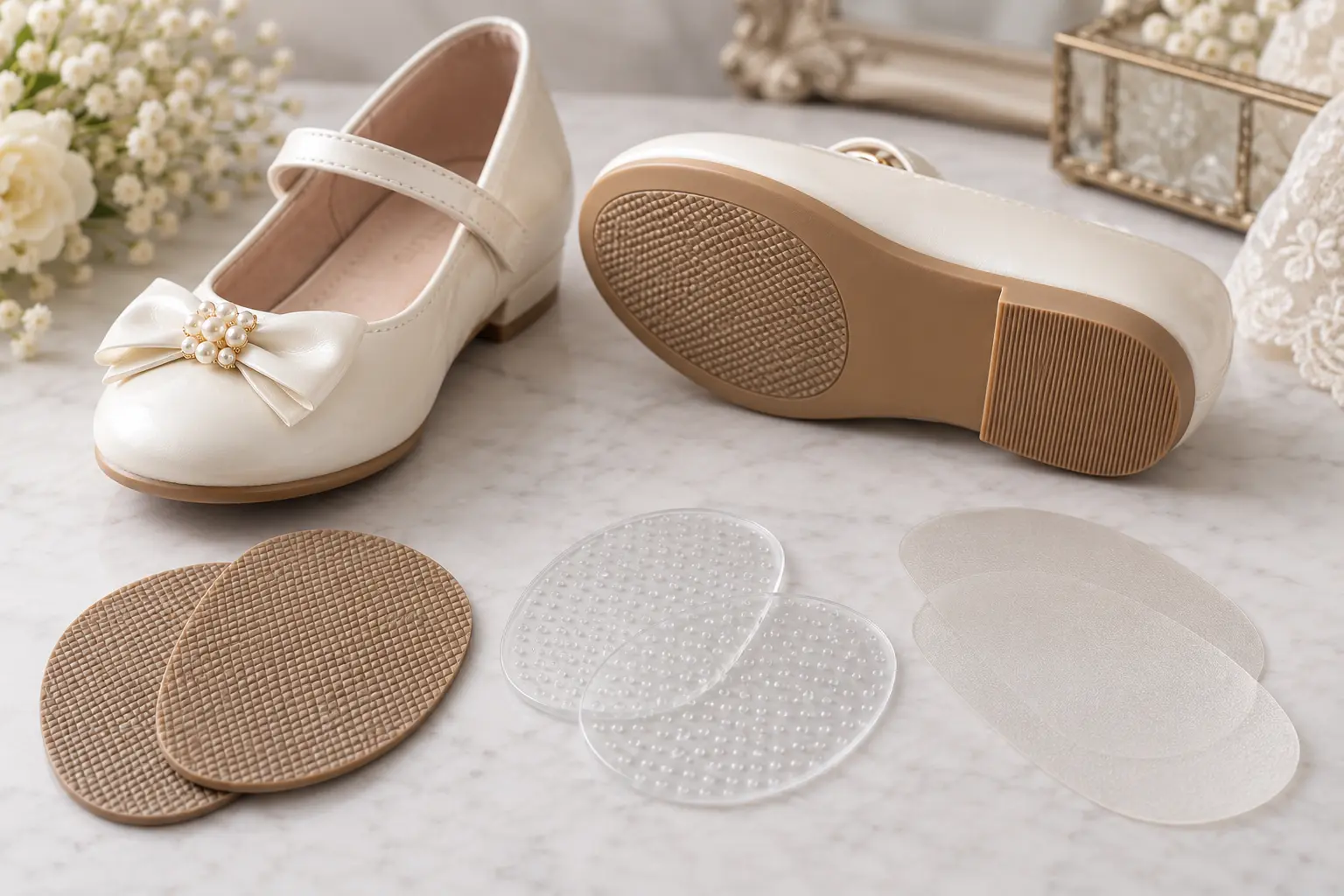 Chaussures de cérémonie ivoire et différentes semelles antidérapantes